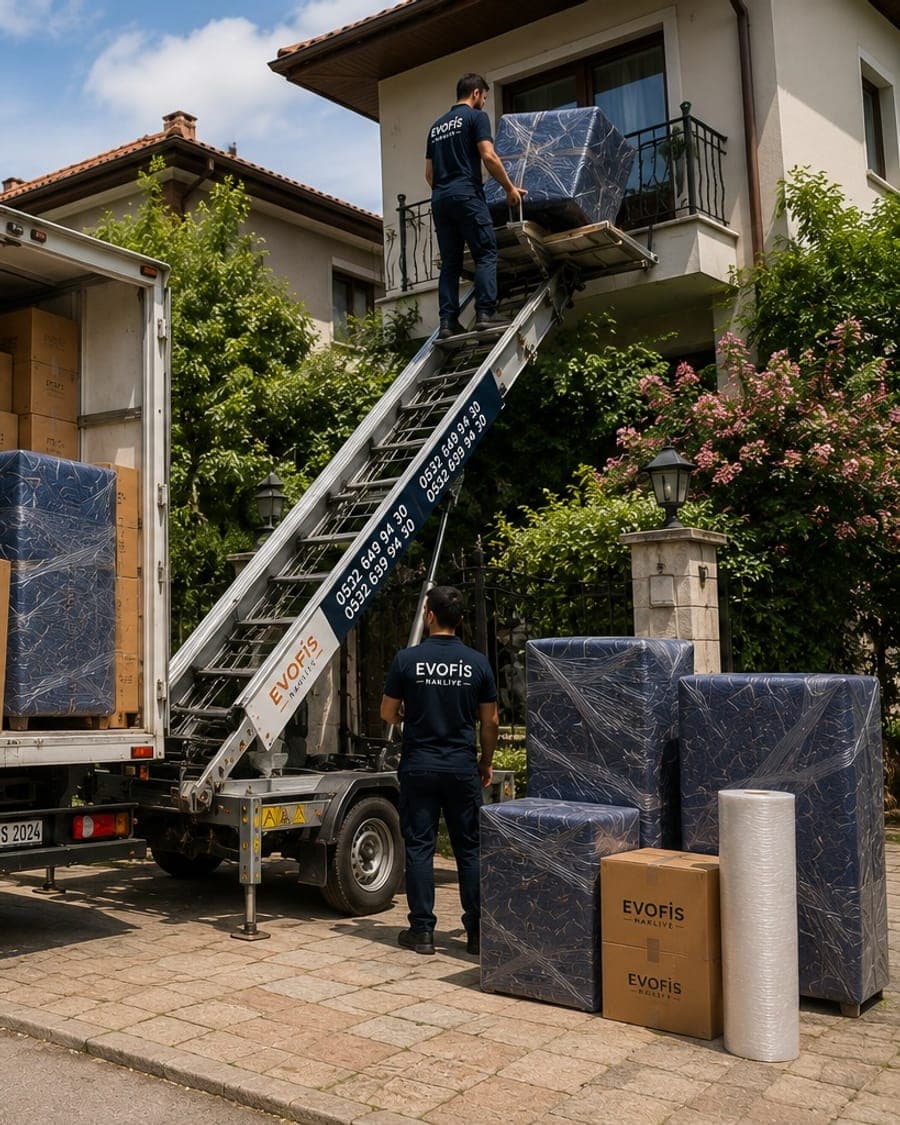 Koruyucu ambalajla paketlenmiş eşyalar ve mobil asansör